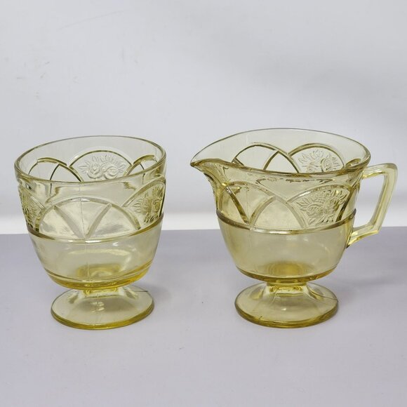 Vintage Yellow Depression Glass Creamer & Sugar Set - Picture 1 of 15